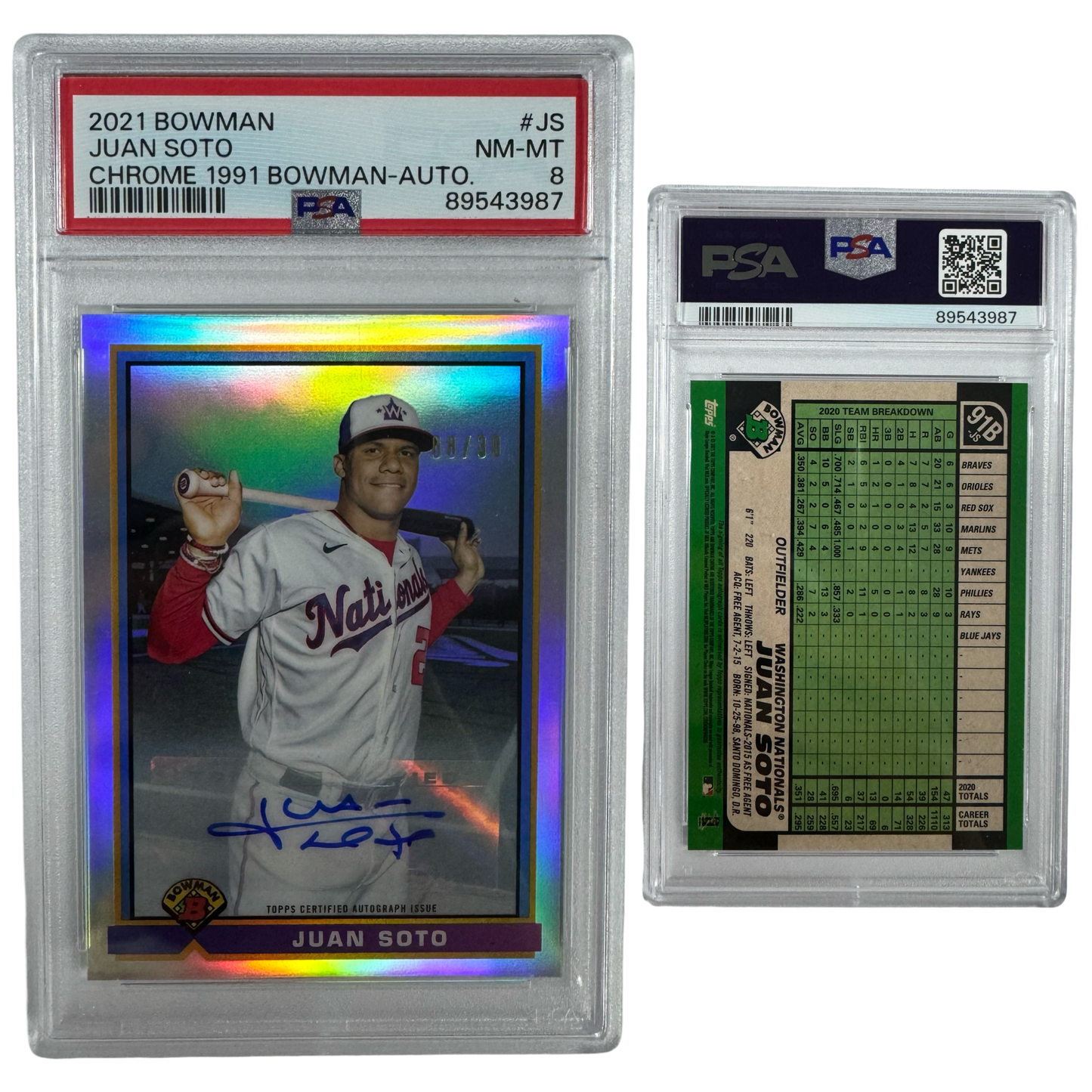 2021 Juan Soto Autographed Bowman Chrome 1991 Bowman /30 #JS PSA NM-MT 8