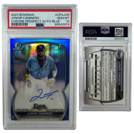 2023 Junior Caminero Autographed Bowman Chrome Prospects Blue Refractor /150 #CPAJCR PSA GEM MT 10