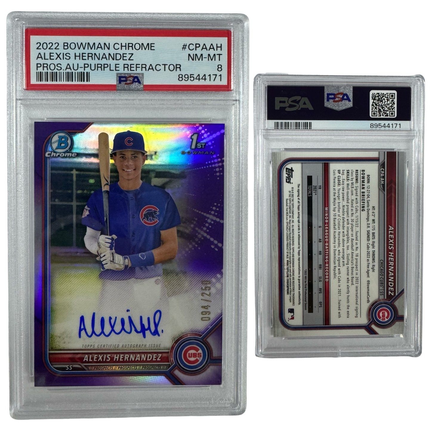 2022 Alexis Hernandez Autographed Bowman Chrome Prospects Purple Refractor /250 #CPAAH PSA NM MT 8