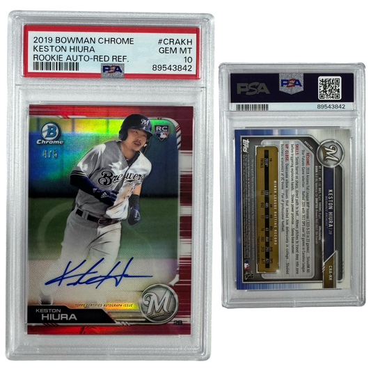 2019 Keston Hiura Autographed Bowman Chrome Rookie Red Refractor /5 #CRAKH PSA GEM MT 10