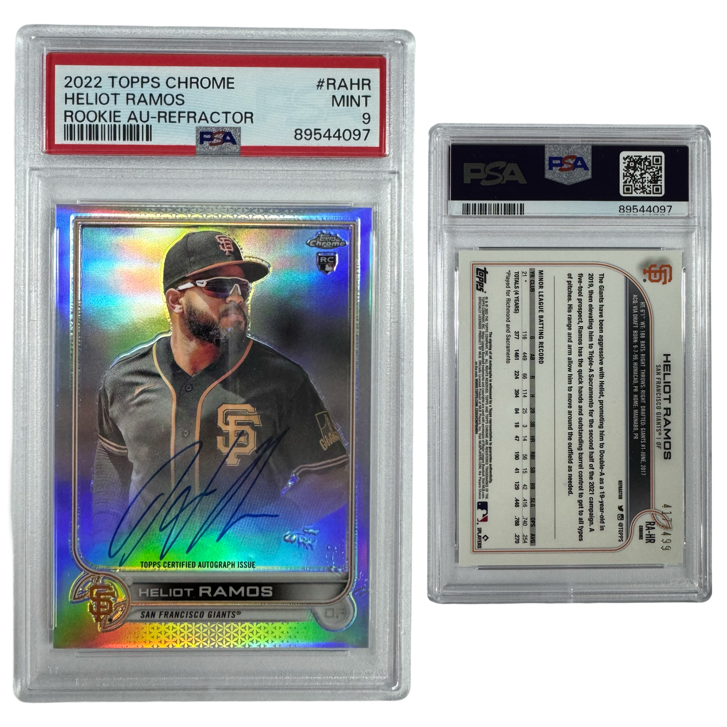 2022 Heliot Ramos Autographed Topps Chrome Rookie Refractor /499 #RAHR PSA MINT 9