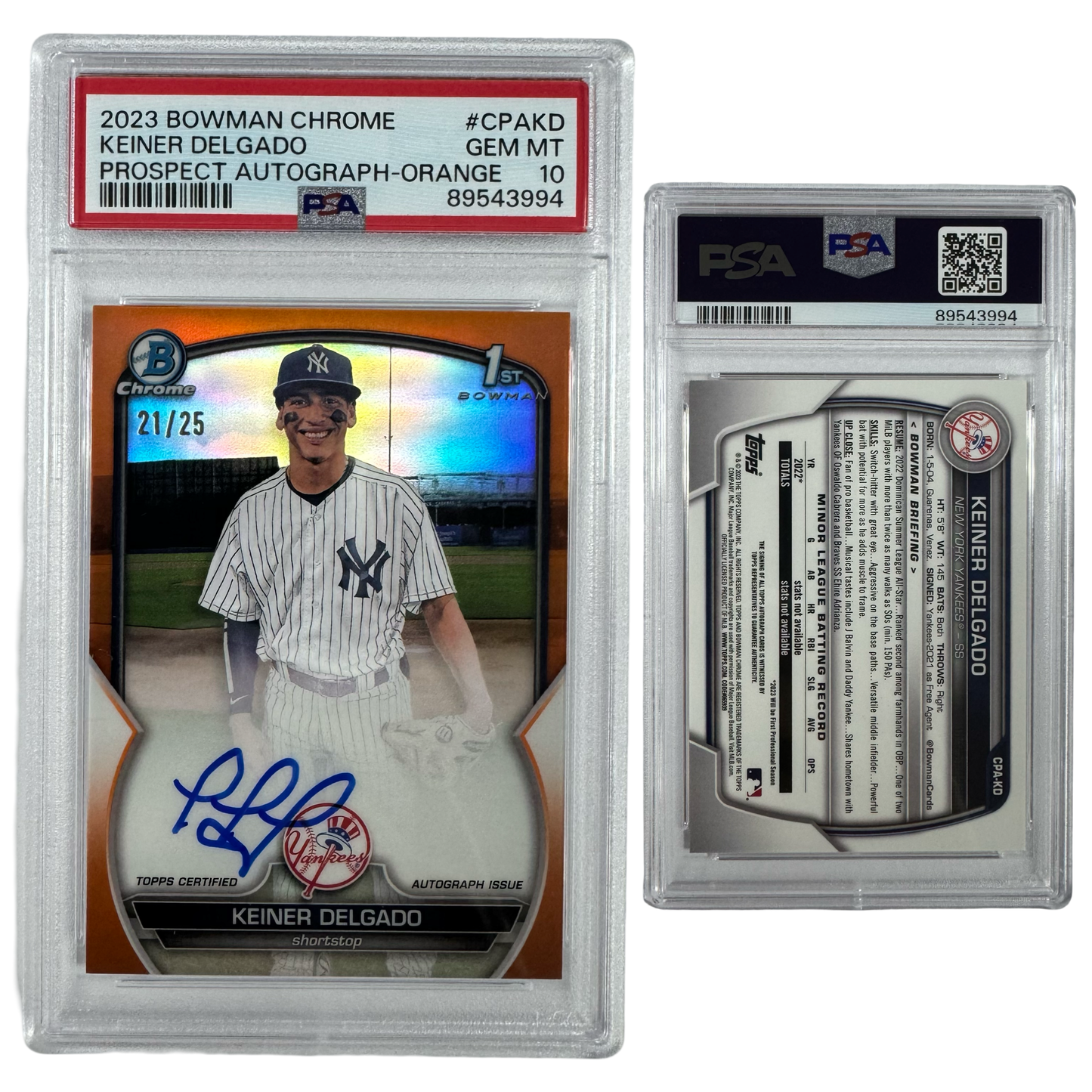 2023 Keiner Delgado Autographed Bowman Chrome Prospects Orange Refractor /25 #CPAKD PSA GEM MT 10