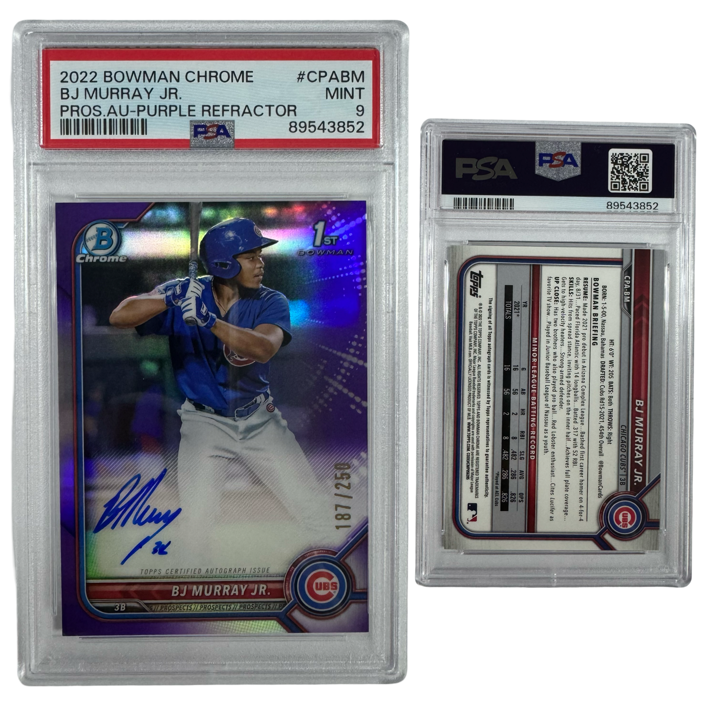 2022 BJ Murray Jr Autographed Bowman Chrome Prospects Purple Refractor /250 #CPABM PSA MINT 9