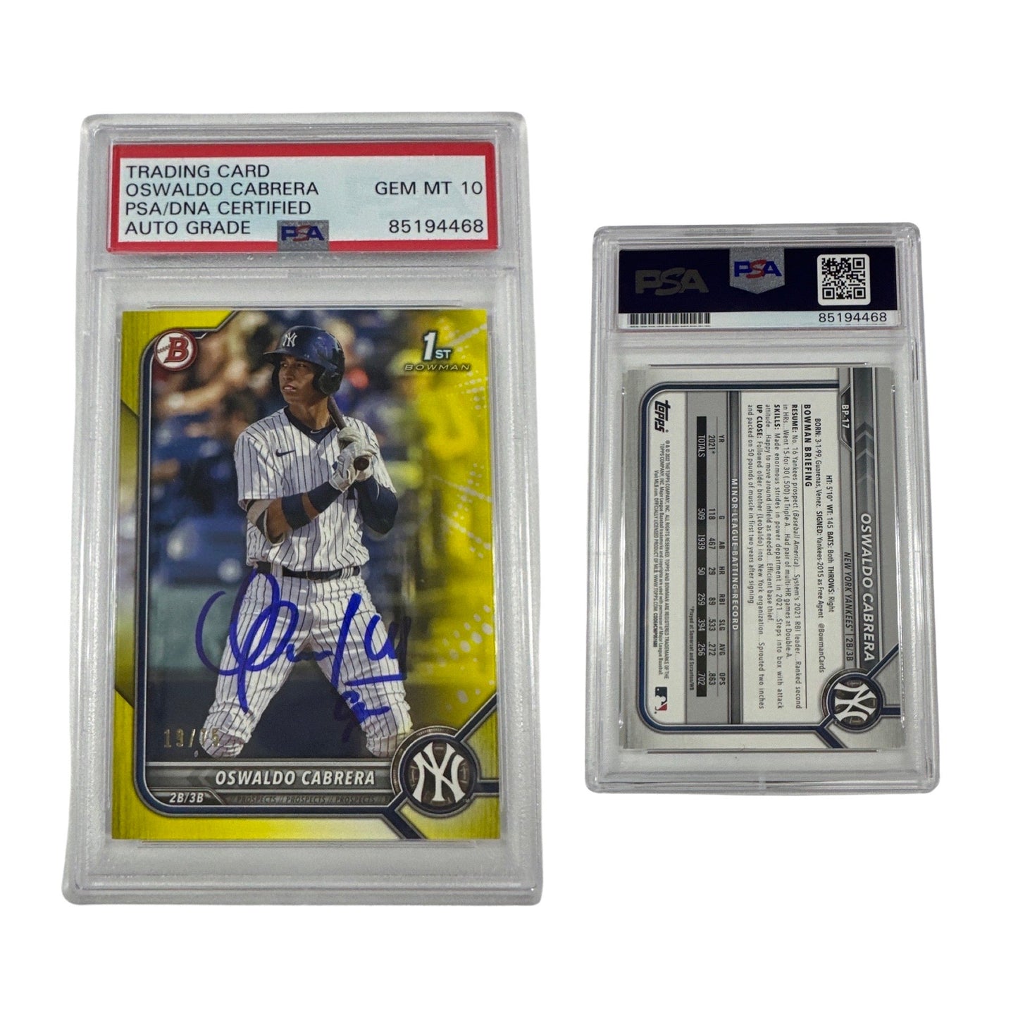 2022 Oswaldo Cabrera Bowman 1st Auto Yellow /75 #BP-17 PSA GEM MT 10