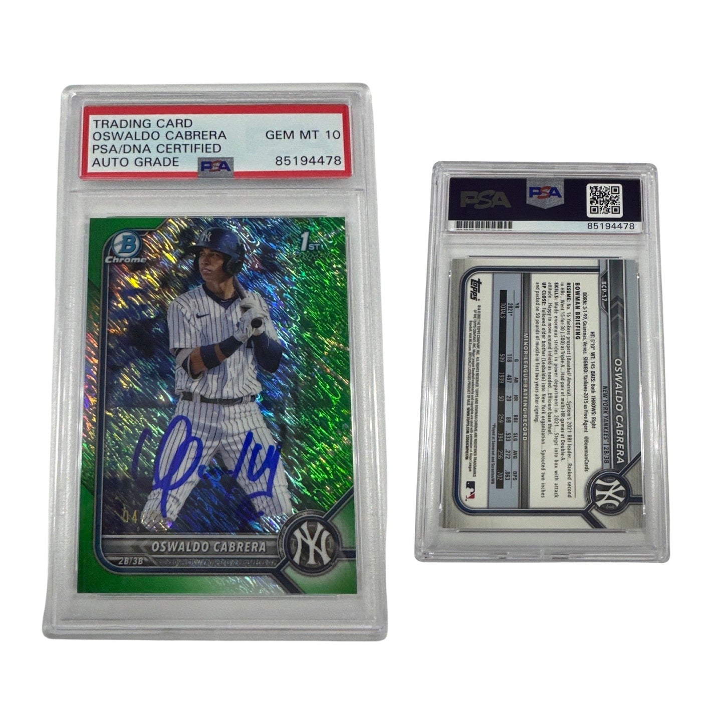 2022 Oswaldo Cabrera Bowman Chrome 1st Auto Green Shimmer /99 BCP-17 PSA GEM MT 10