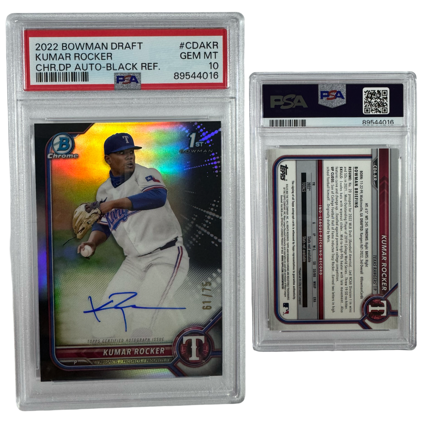 2002 Kumar Rocker Autographed Bowman Chrome Draft Prospects Black Refractor /75 #CDAKR PSA GEM MT 10