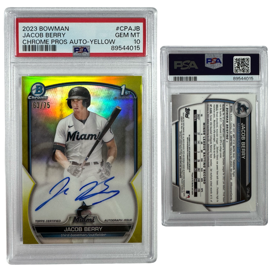 2023 Jacob Berry Autographed Bowman Chrome Prospects Yellow Refractor /75 #CPAJB PSA GEM MT 10