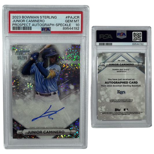 2023 Junior Caminero Autographed Bowman Sterling Prospects Speckle Refractor /99 #PAJCR PSA GEM MT 10