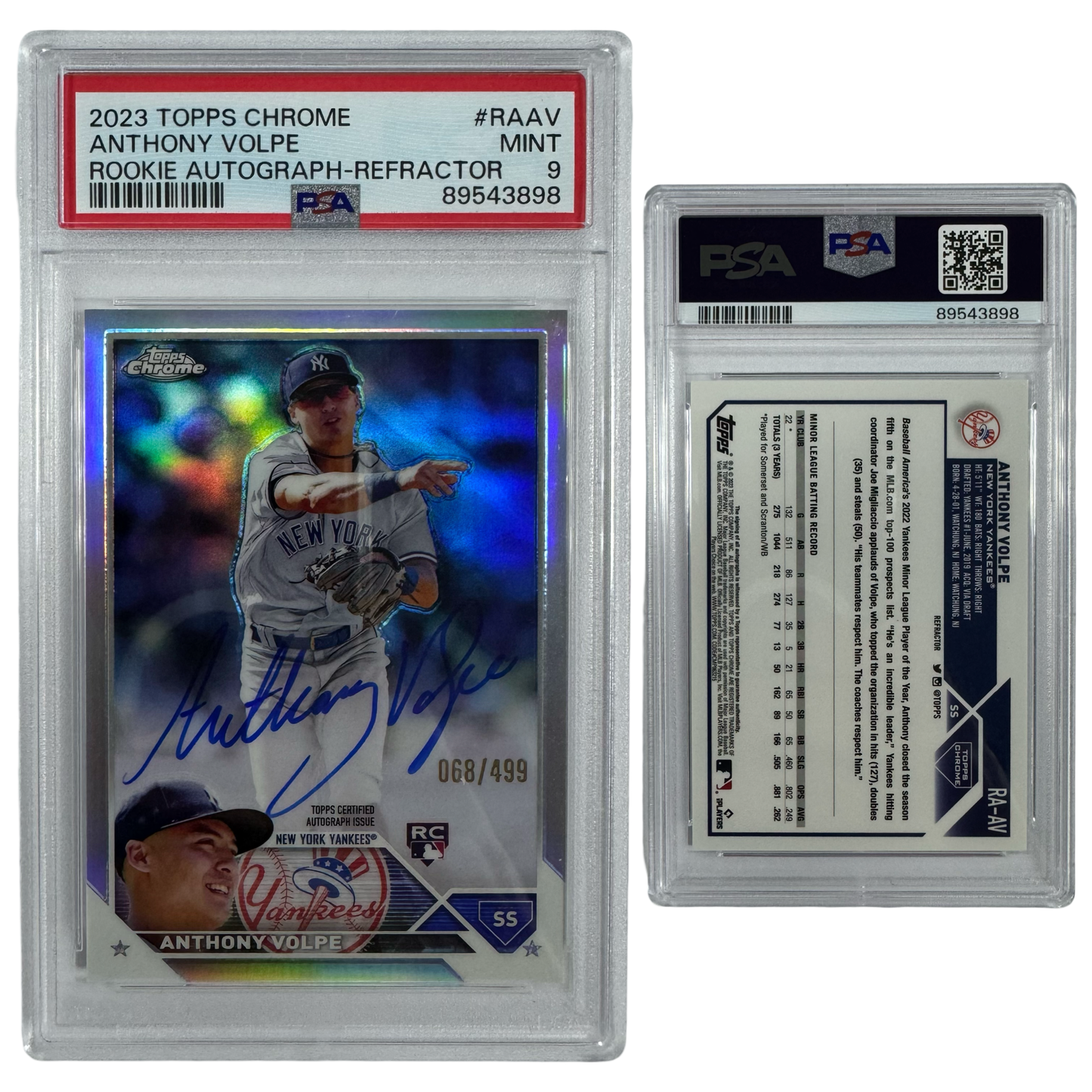 2023 Anthony Volpe Autographed Topps Chrome Rookie Refractor /499 #RAAV PSA MINT 9
