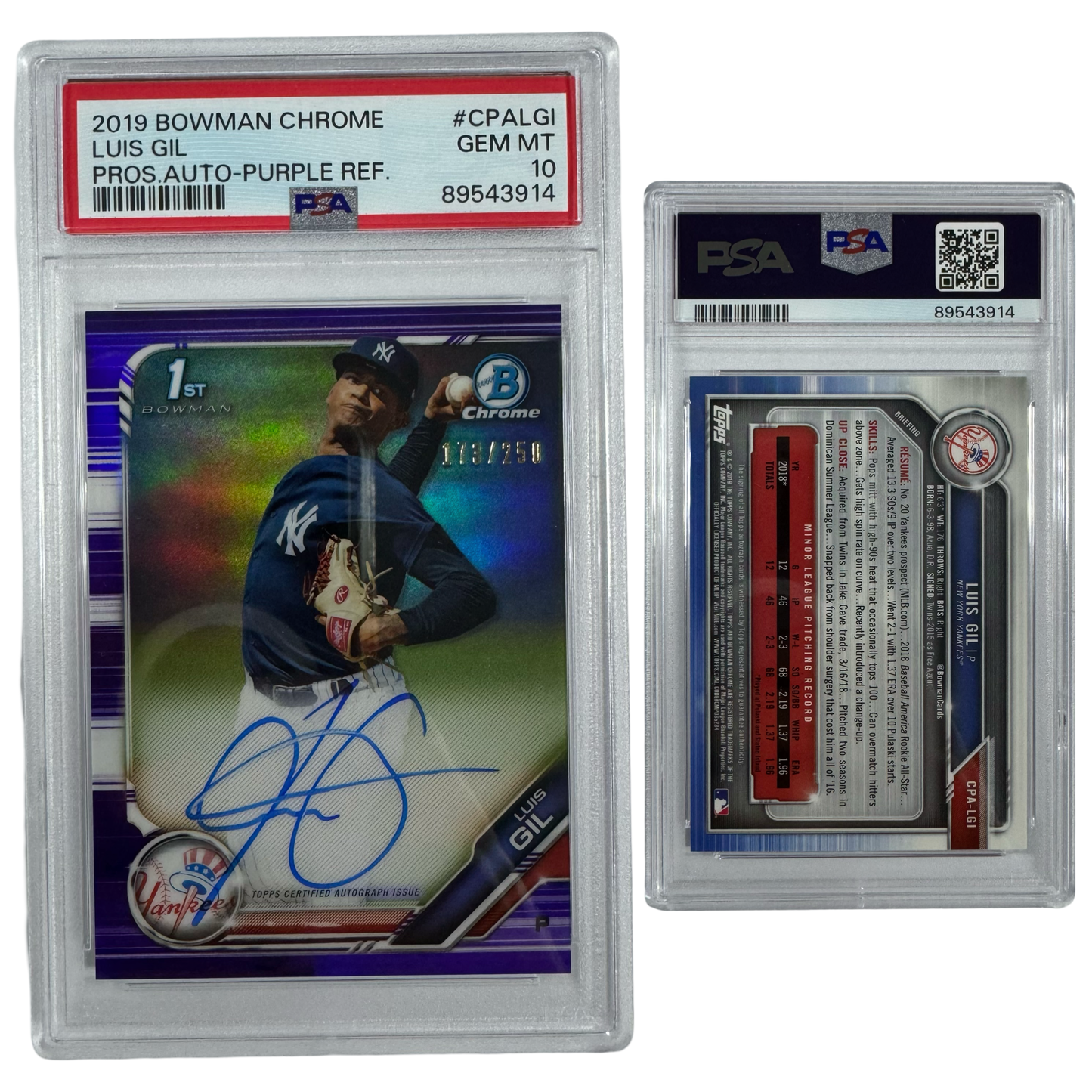 2019 Luis Gil Autographed Bowman Chrome Prospects Purple Refractor /250 #CPALGI PSA GEM MT 10