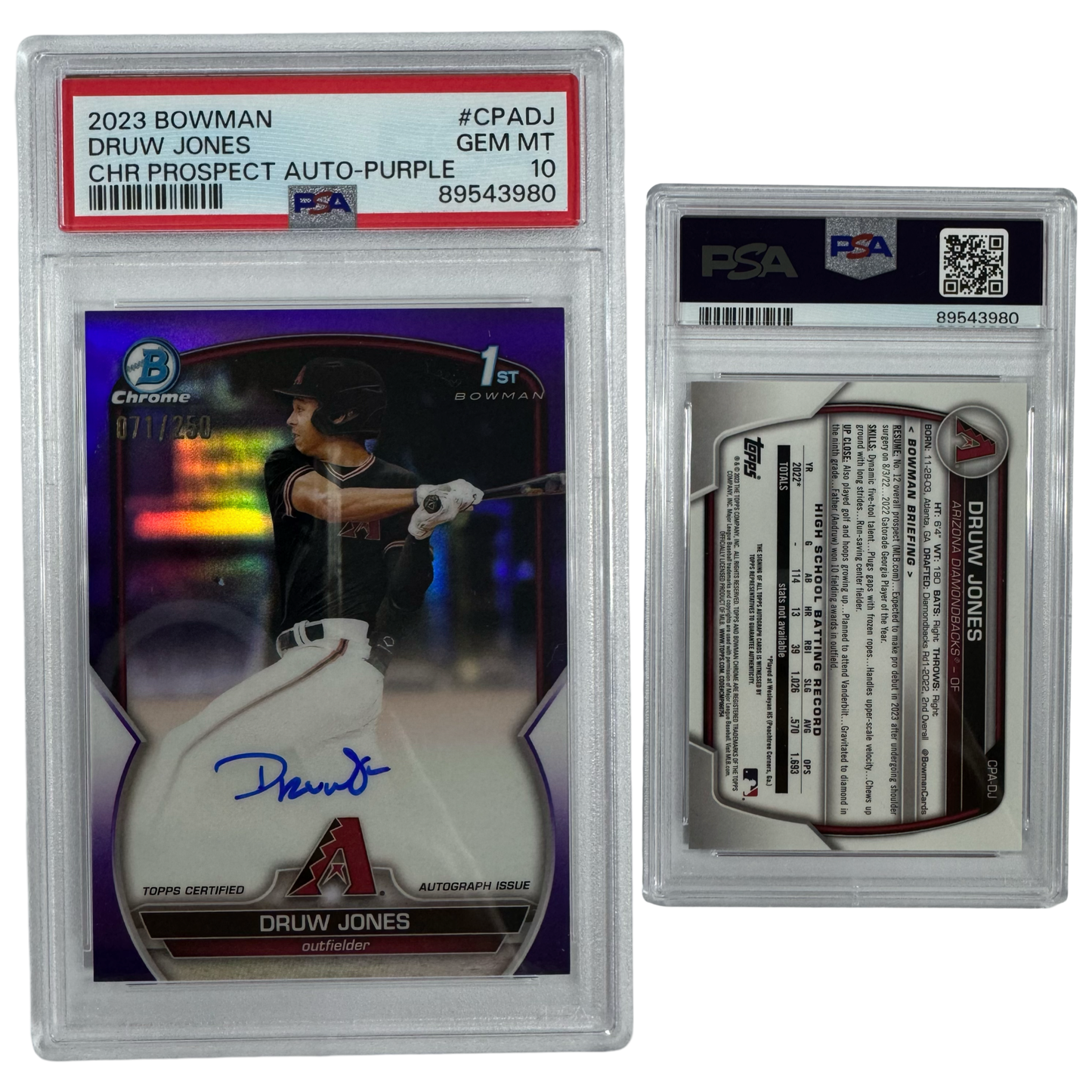 2023 Druw Jones Autographed Bowman Chrome Prospects Purple Refractor /250 #CPADJ PSA GEM MT 10