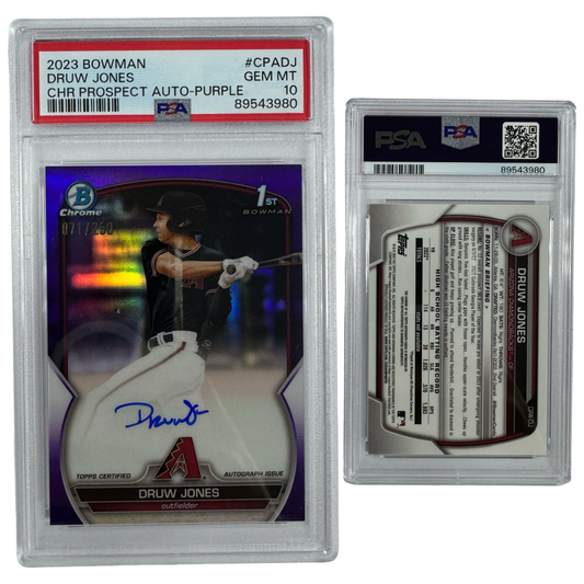2023 Druw Jones Autographed Bowman Chrome Prospects Purple Refractor /250 #CPADJ PSA GEM MT 10