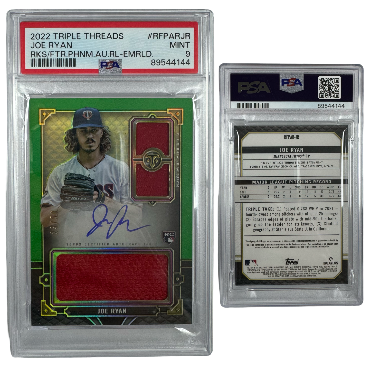 2022 Joe Ryan Autographed Topps Triple Threads and Future Phenoms Rookie Relic Emerald /50 #RFPARJR PSA MINT 9