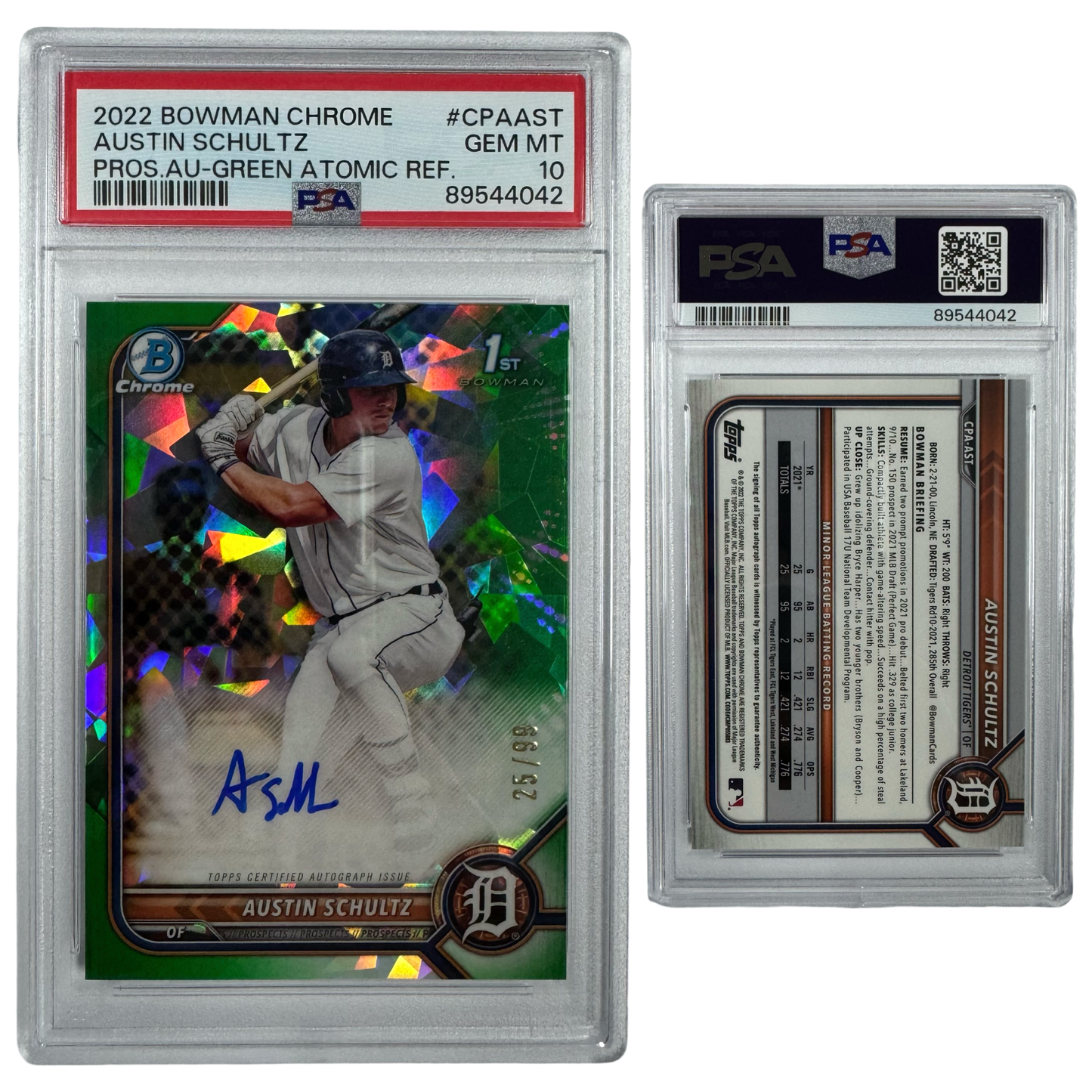 2022 Austin Schultz Autographed Bowman Chrome Prospects Freen Atomic Refractor /99 #CPAAST PSA GEM MT 10