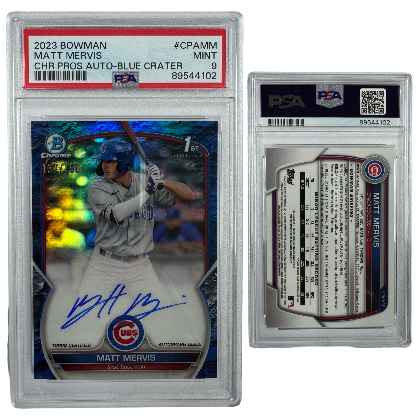 2023 Matt Mervis Autographed Bowman Chrome Prospects Blue Crater /150 #CPAMM PSA MINT 9
