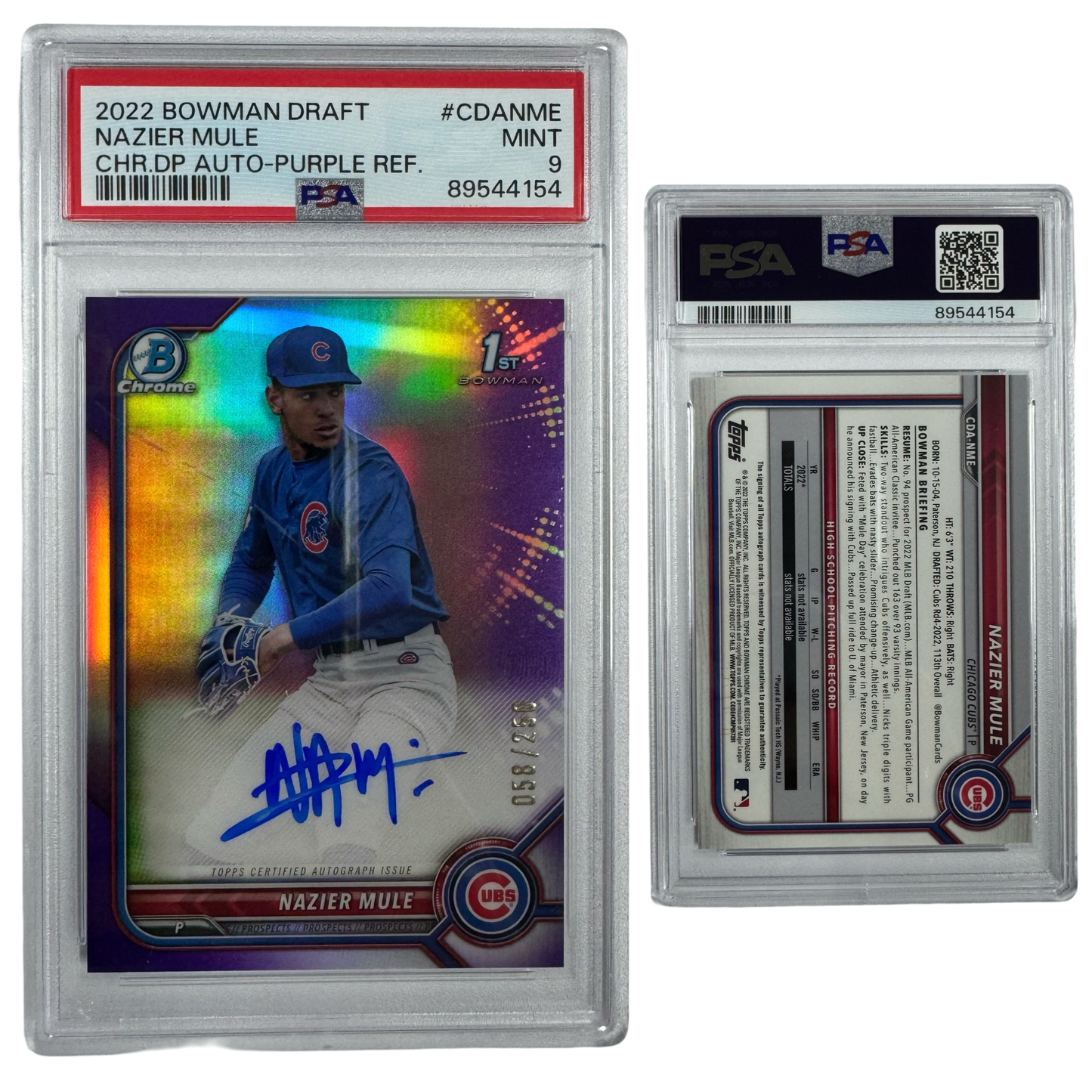 2022 Nazier Mule Autographed Bowman Chrome Draft Prospects Purple Refractor /250 #CDANME PSA MINT 9