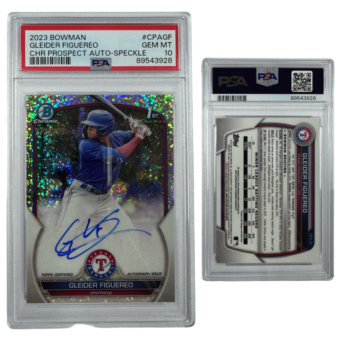 2023 Gleider Figuereo Autographed Bowman Chrome Prospects Speckle Refractor /299 #CPAGF PSA GEM MT 10