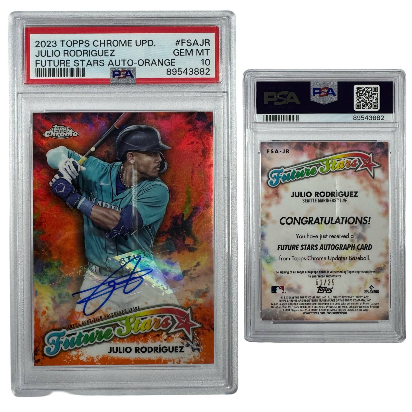 2023 Julio Rodriguez Autographed Topps Chrome Update Future Stars Orange /25 #FSAJR PSA GEM MT 10