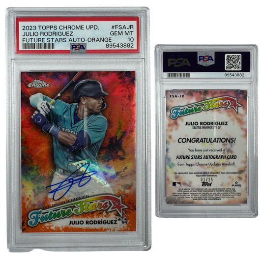 2023 Julio Rodriguez Autographed Topps Chrome Update Future Stars Orange /25 #FSAJR PSA GEM MT 10