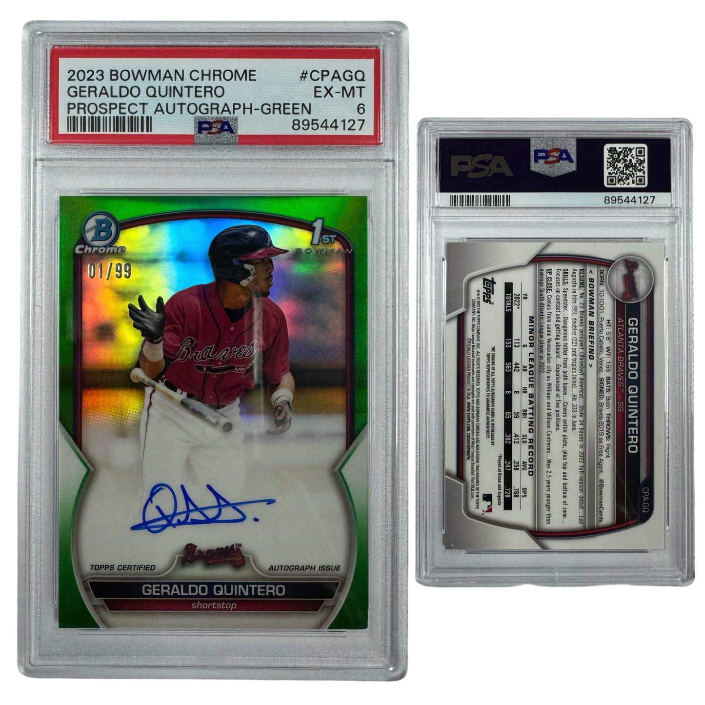 2023 Geraldo Quintero Autographed Bowman Chrome Prospects Green Refractor /99 #CPAGQ PSA EX MT 6