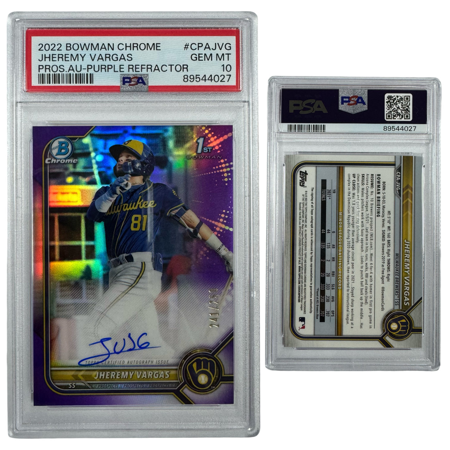 2022 Jheremy Vargas Autographed Bowman Chrome Prospects Purple Refractor /250 #CPAJVG PSA GEM MT 10