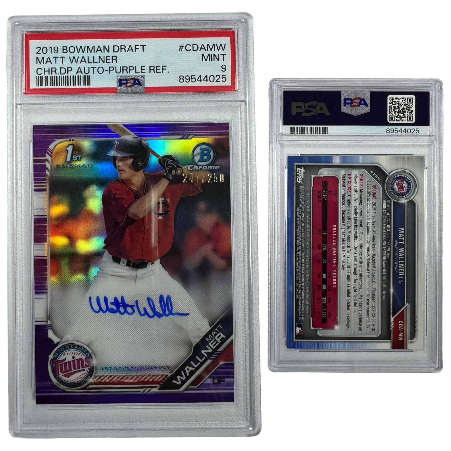 2019 Matt Wallner Autographed Bowman Chrome Draft Prospects Purple Refractor /250 #CDAMW PSA MINT 9