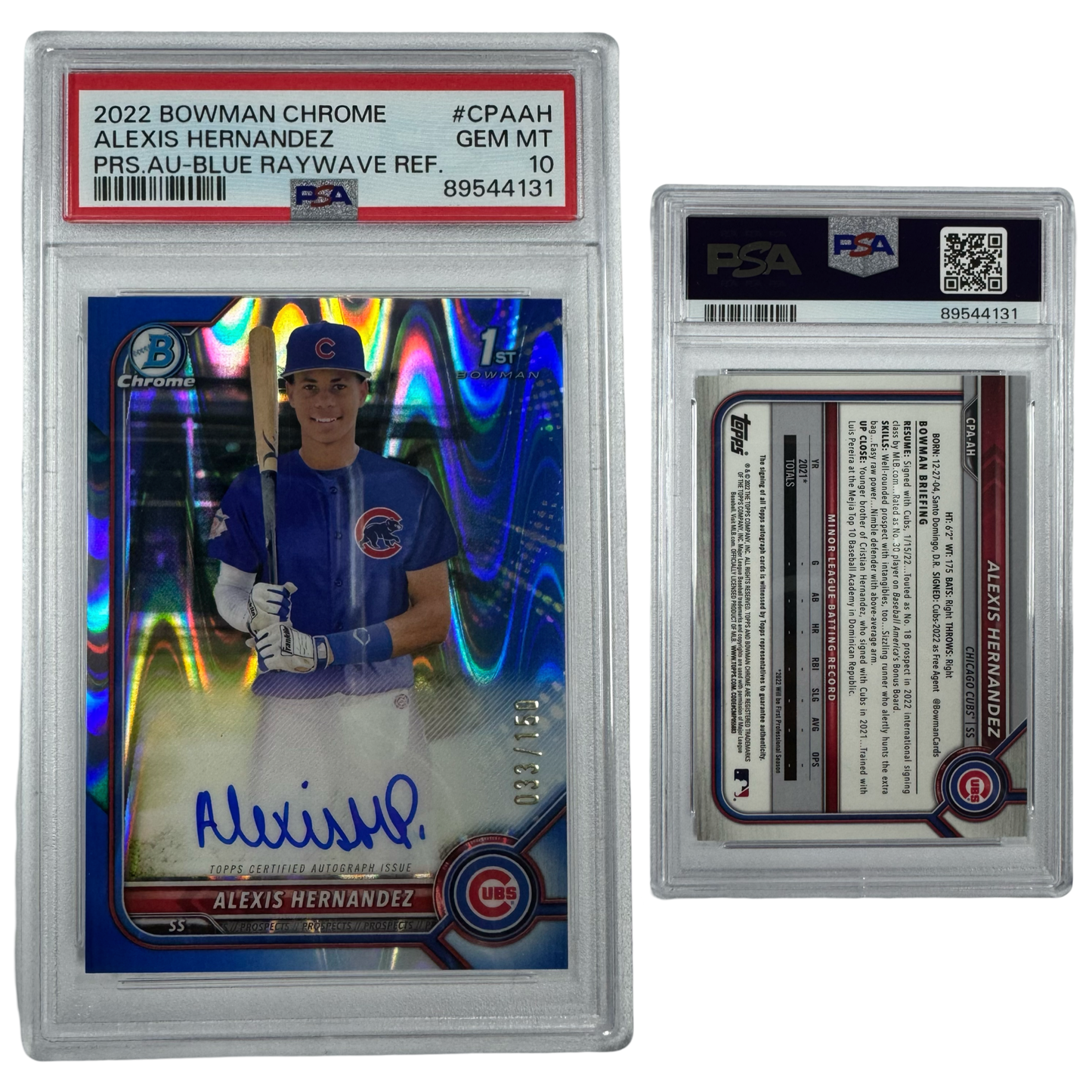 2022 Alexis Hernandez Autographed Bowman Chrome Prospects Blue Raywave Refractor /150 #CPAAH PSA GEM MT 10