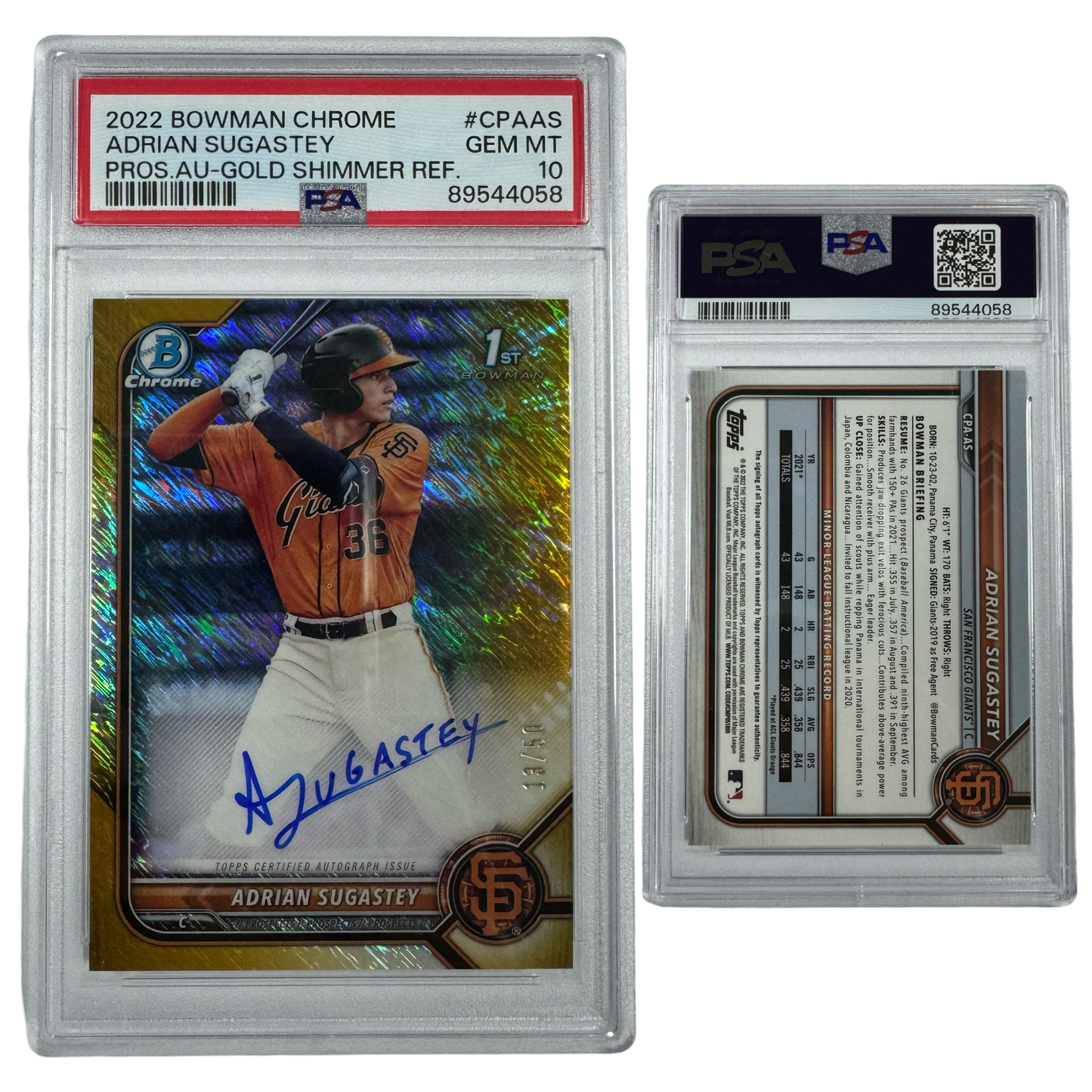 2022 Adrian Sugastey Autographed Bowman Chrome Prospects Gold Shimmer Refractor /50 #CPAAS PSA GEM MT 10