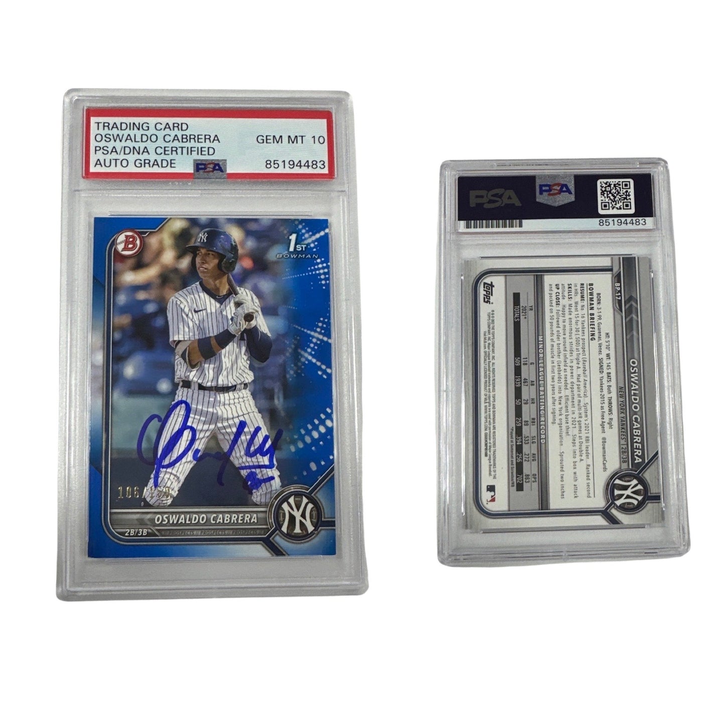 2022 Oswaldo Cabrera Bowman 1st Auto Blue /150 BP-17 PSA GEM MT 10