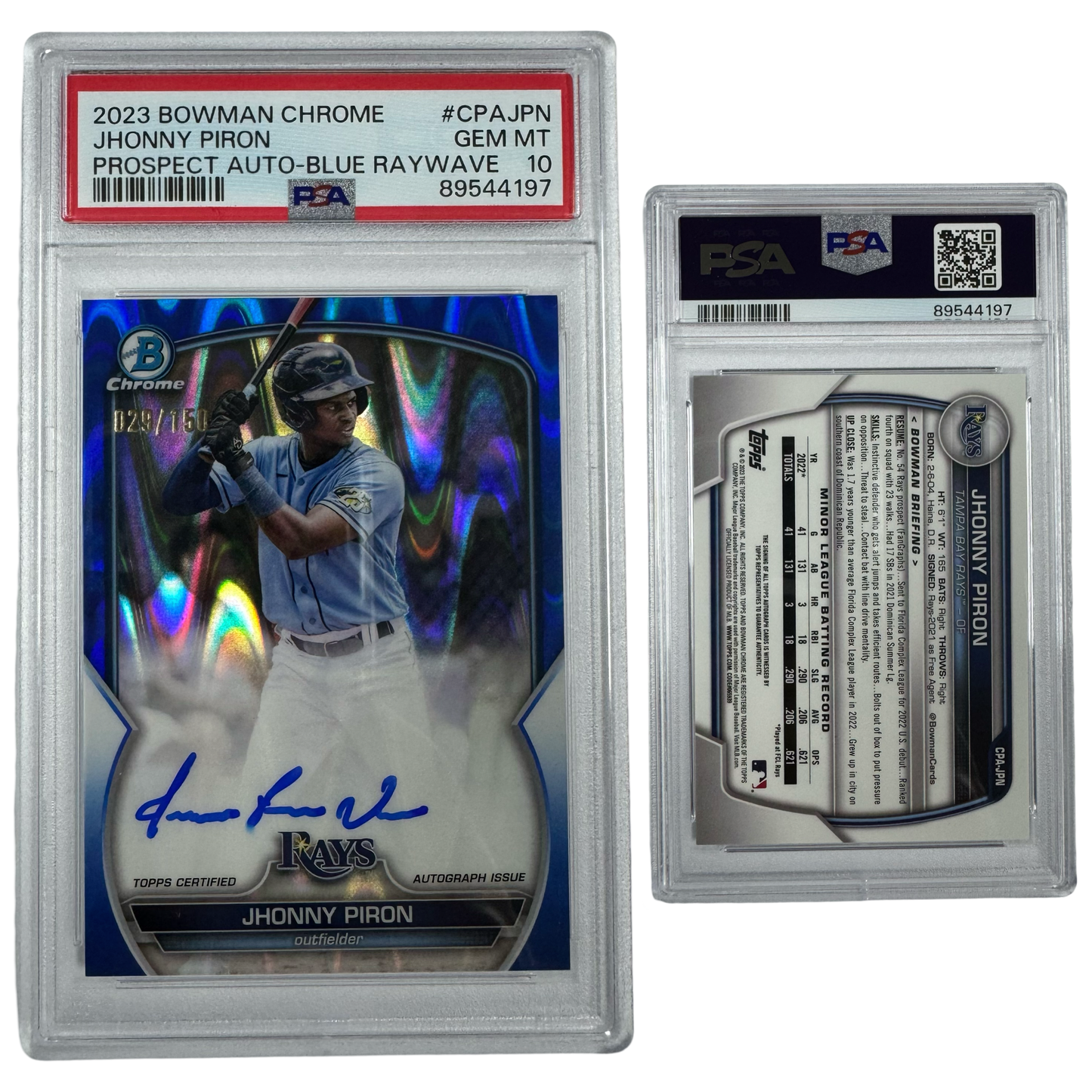 2023 Jhonny Piron Autographed Bowman Chrome Prospects Blue Raywave Refractor /150 #CPAJPN PSA GEM MT 10