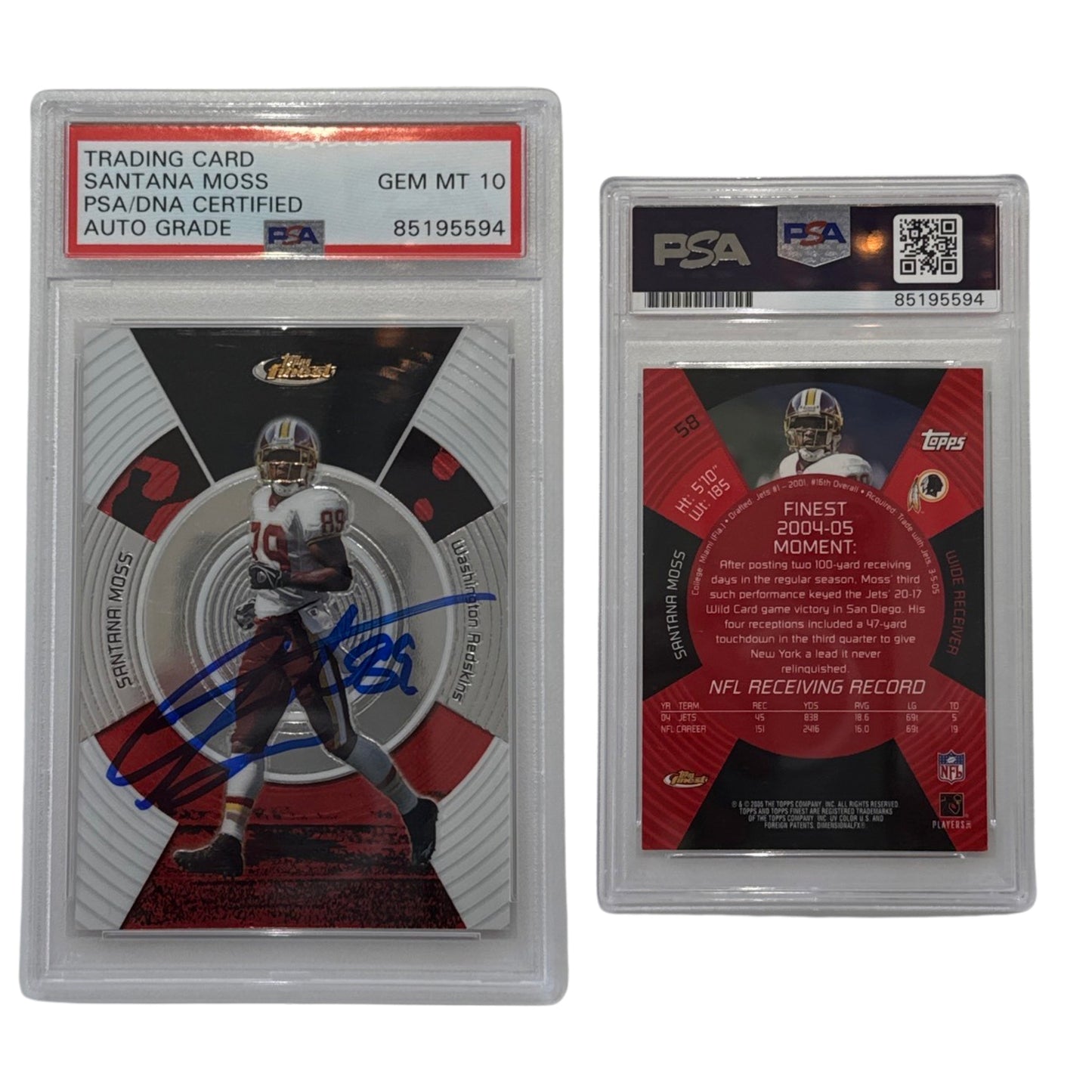 2005 Santana Moss Autographed Topps Finest #58 PSA Auto GEM MT 10