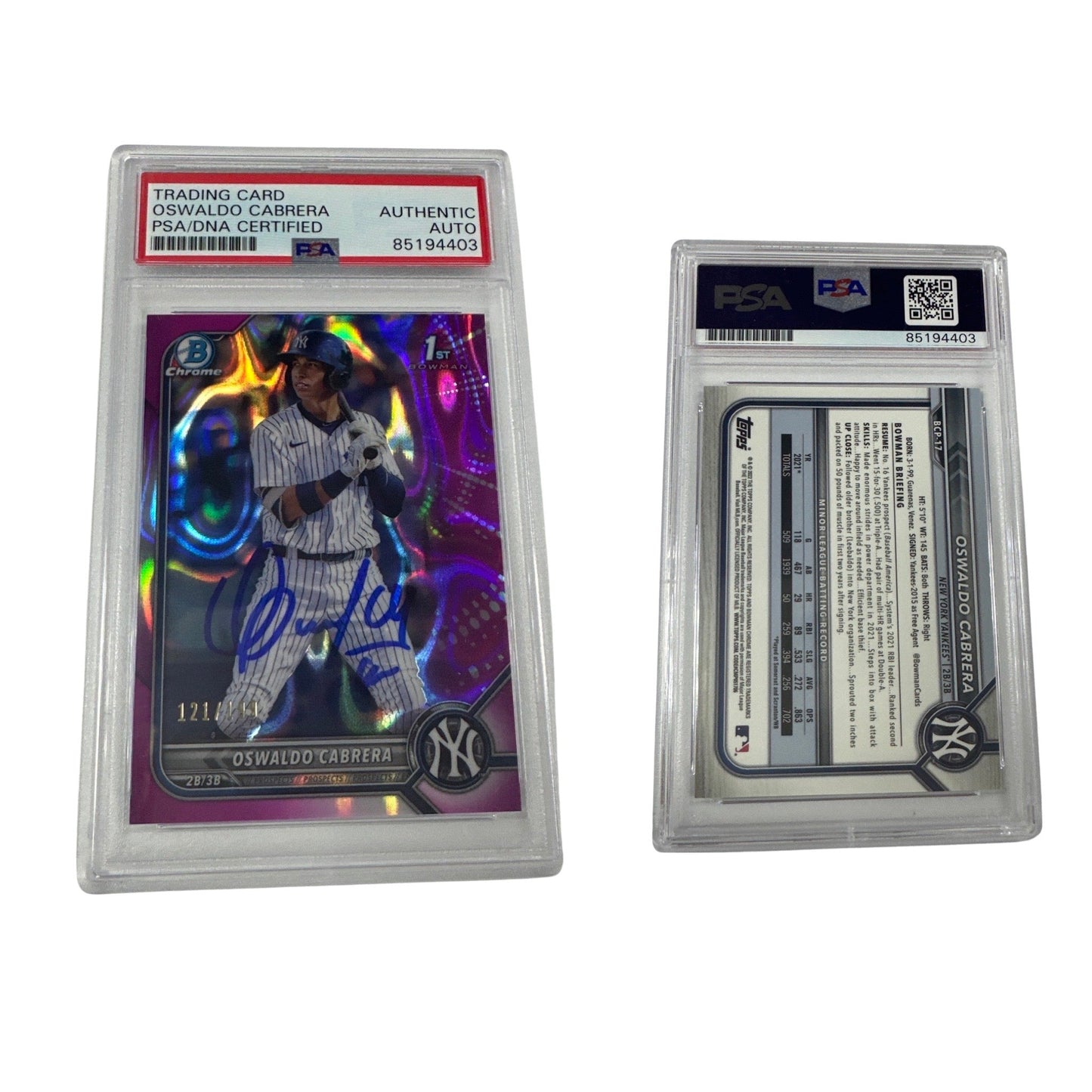 2022 Oswaldo Cabrera Bowman Chrome 1st Auto Fuchsia Lava Refractor /199 BCP-17 PSA Authentic Auto