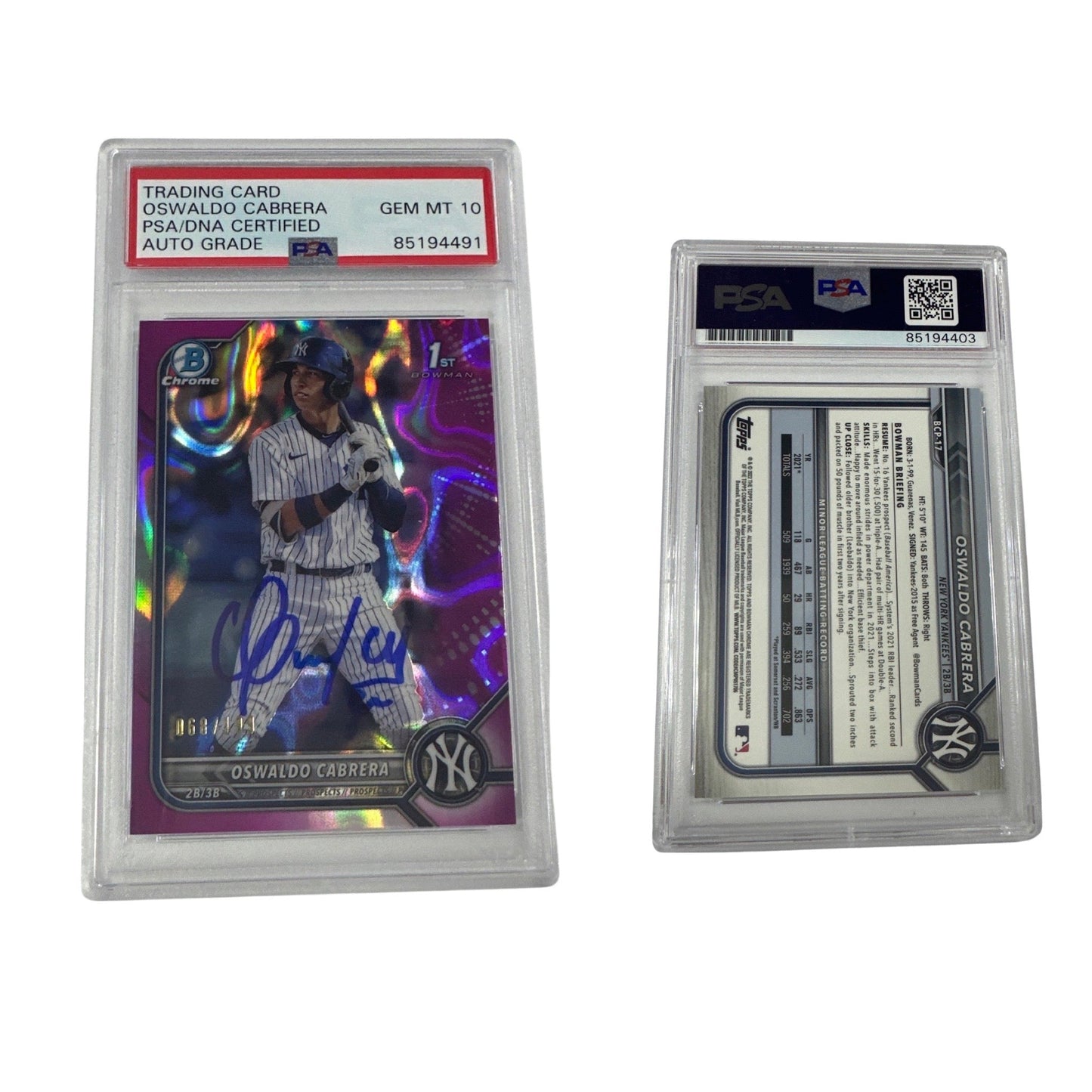 2022 Oswaldo Cabrera Bowman Chrome 1st Auto Fuchsia Lava Refractor /199 BCP-17 PSA GEM MT 10