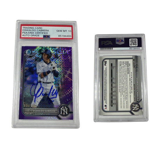 2022 Oswaldo Cabrera Bowman Chrome 1st Auto Purple Mojo /250 BCP-17 PSA GEM MT 10