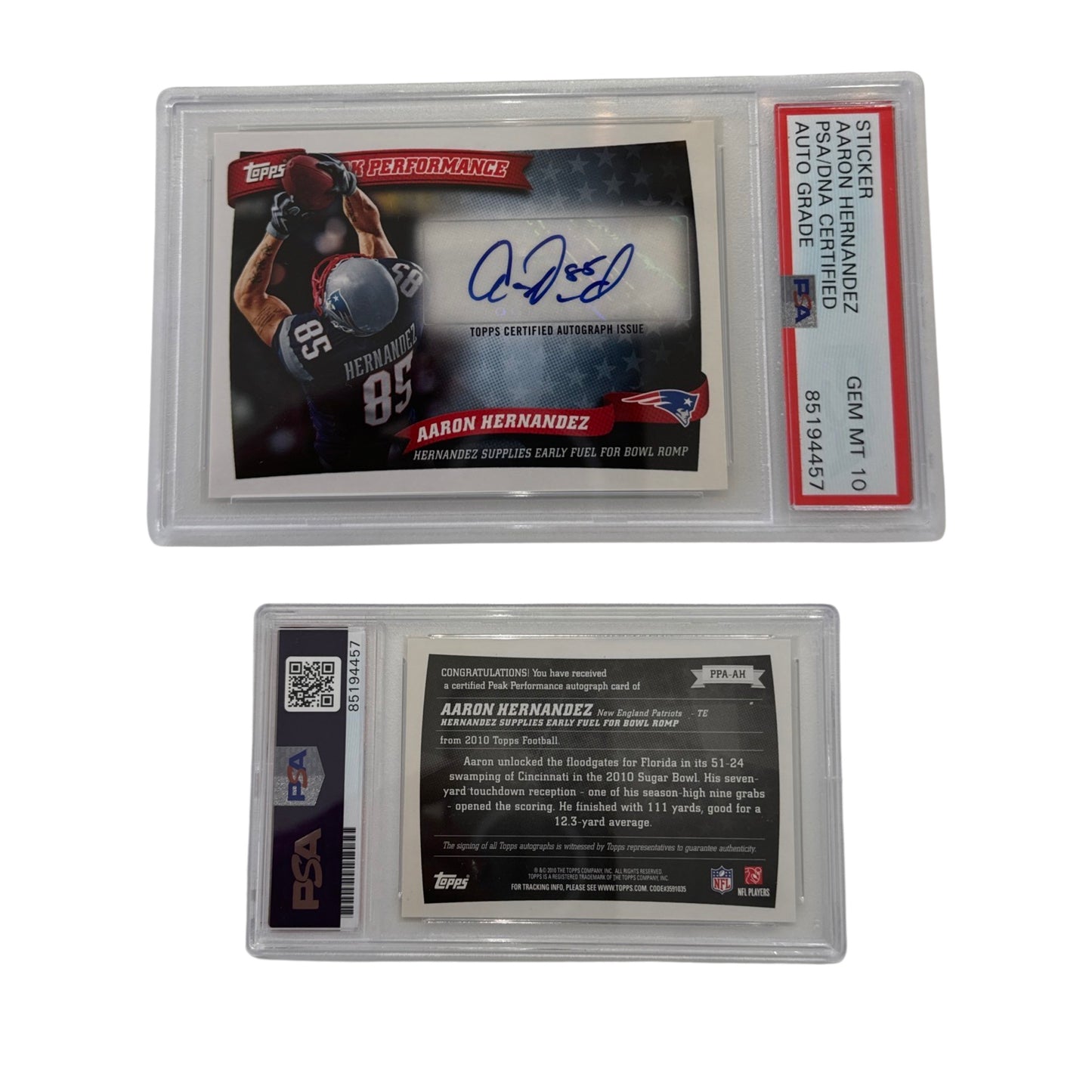 2010 Aaron Hernandez Autographed Topps Peak Performance #PPAAH PSA Auto GEM MT 10