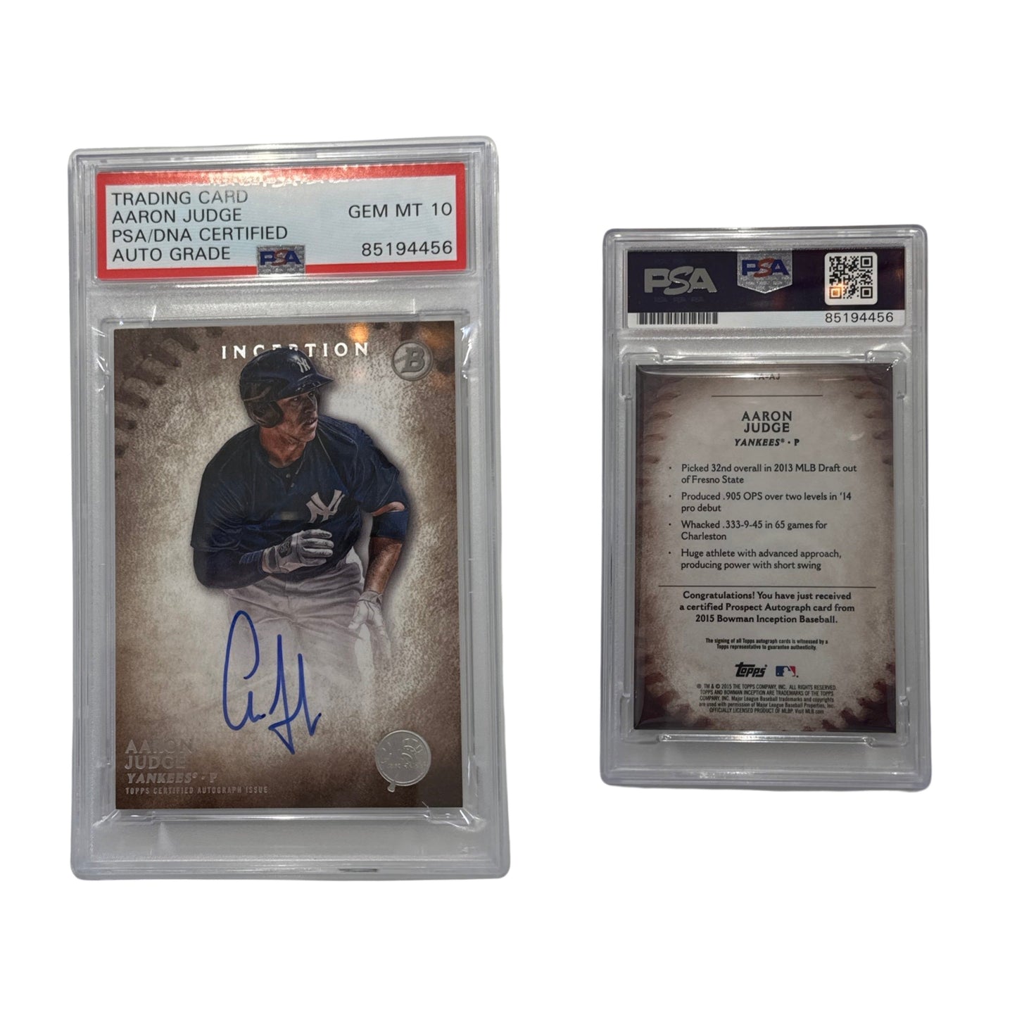 2015 Aaron Judge Autographed Bowman Inception #PAAJ PSA Auto GEM MT 10
