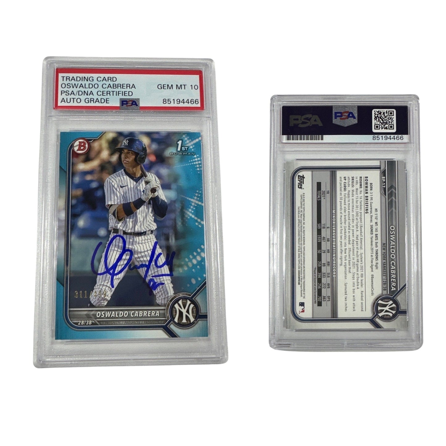 2022 Oswaldo Cabrera Bowman 1st Auto Sky Blue /499 BP-17 PSA GEM MT 10