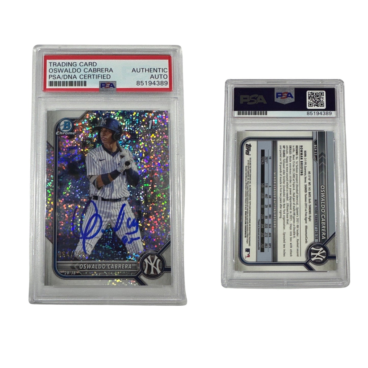 2022 Oswaldo Cabrera Bowman Chrome 1st Auto Speckle /499 BCP-17 PSA Authentic Auto