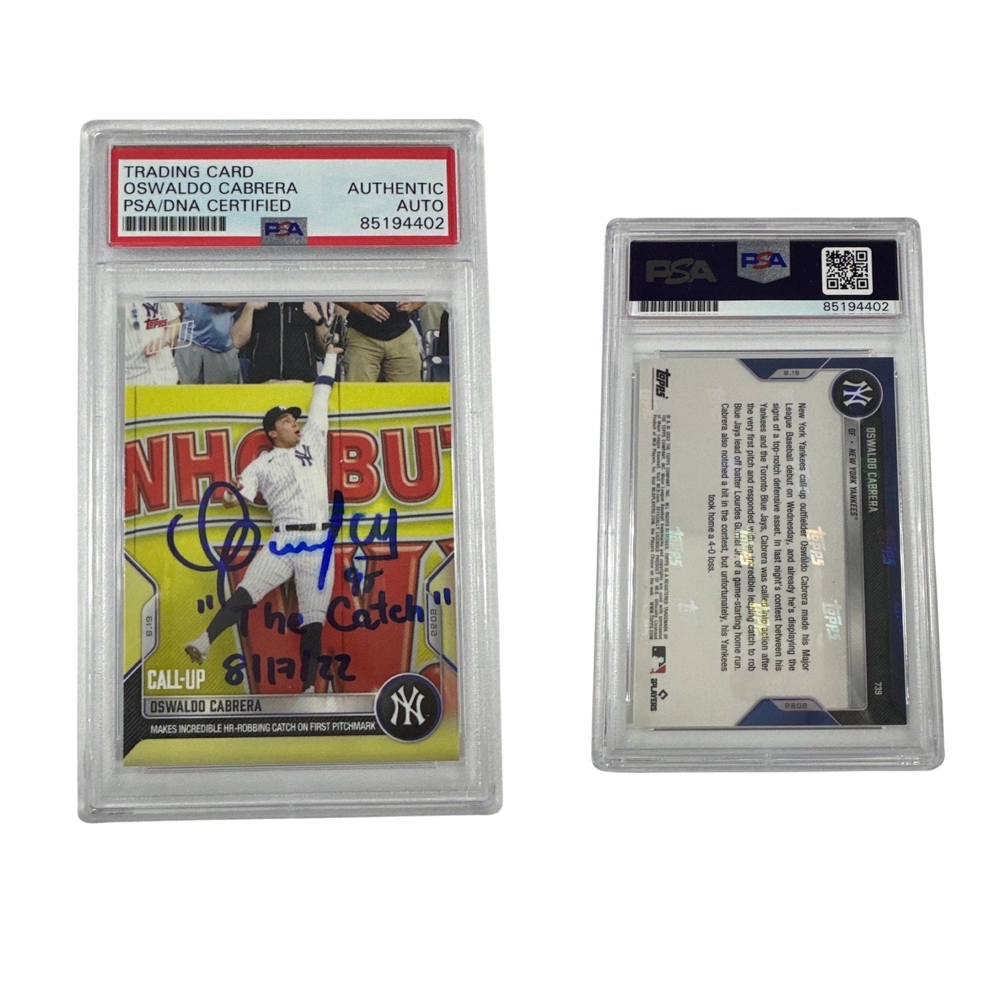2022 Oswaldo Cabrera Topps Now #739 "The Catch 8/17/22" Inscription PSA Authentic Auto