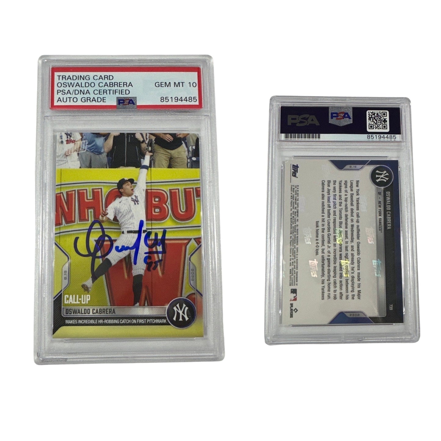 2022 Oswaldo Cabrera Topps Now #739 PSA GEM MT 10 Auto