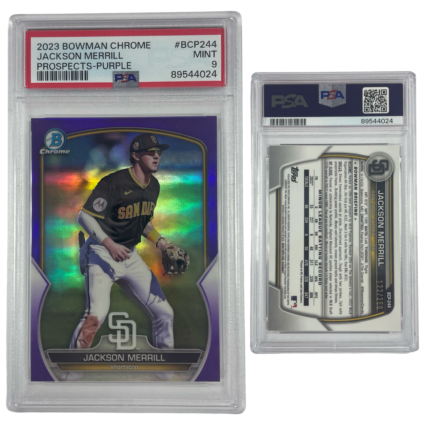 2023 Jackson Merrill Bowman Chrome Prospects Purple Refractor /250 #BCP244 PSA MINT 9