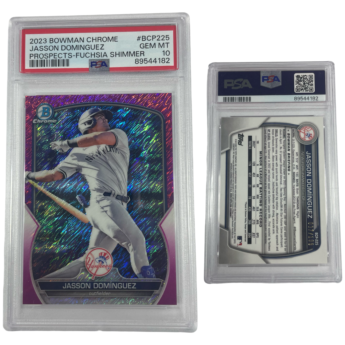 2023 Jasson Dominguez Bowman Chrome Prospects Fuchsia Shimmer /199 #BCP225 PSA GEM MT 10