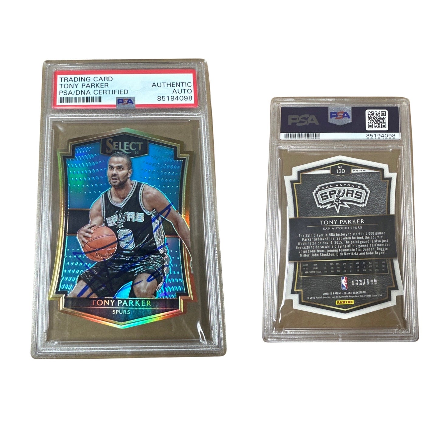 2015-16 Tony Parker Panini Select Premier Level Blue Prizm /199 #130 PSA Authentic Auto