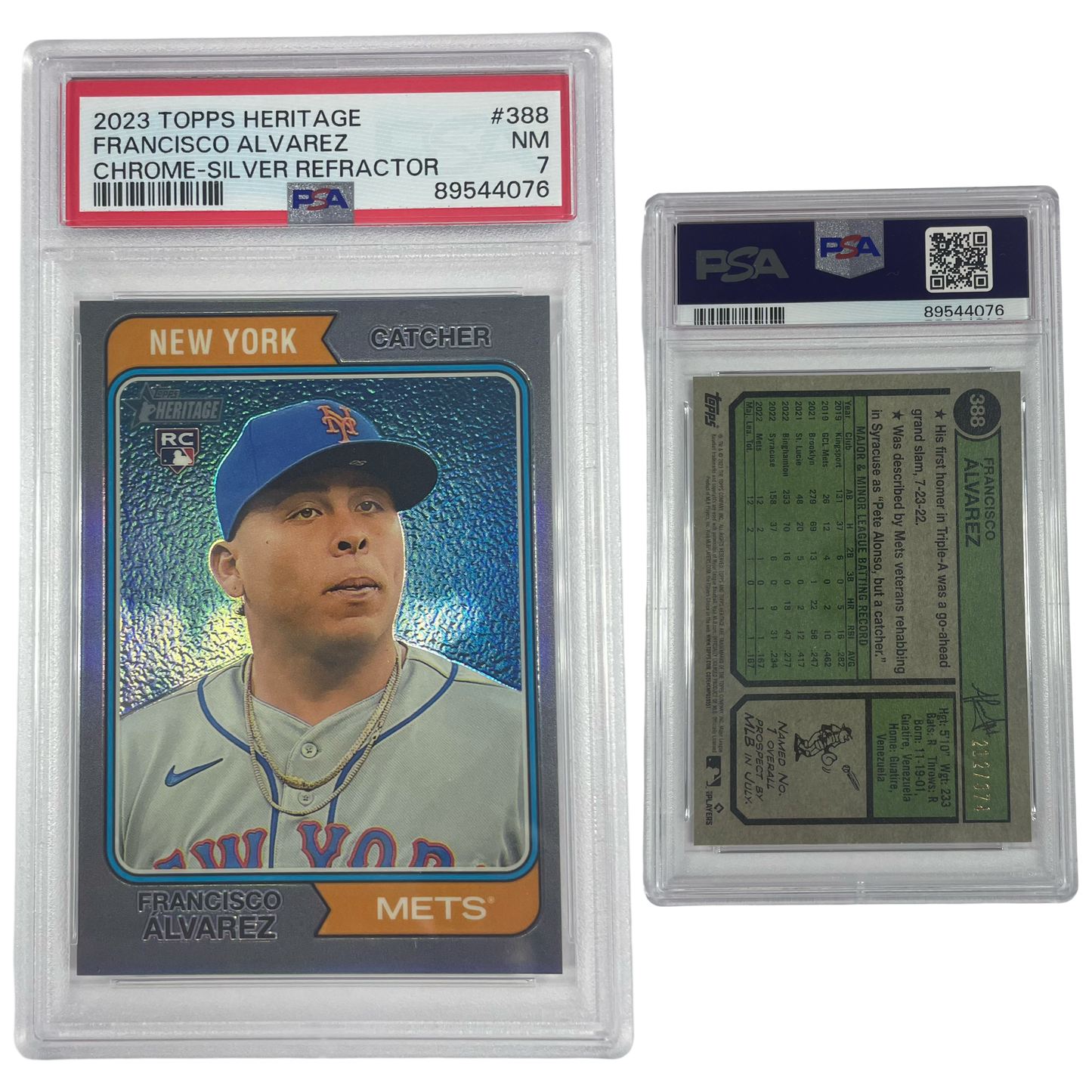 2023 Francisco Alvarez Topps Heritage Chrome Silver Refractor Rookie /374 #388 PSA NM 7