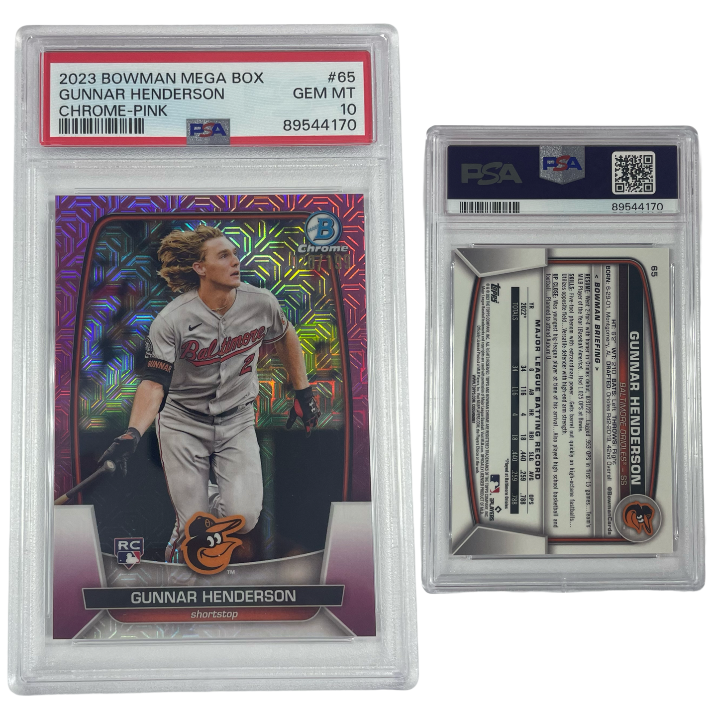 2023 Gunnar Henderson Bowman Chrome Mega Box Pink Refractor /199 #65 PSA GEM MT 10