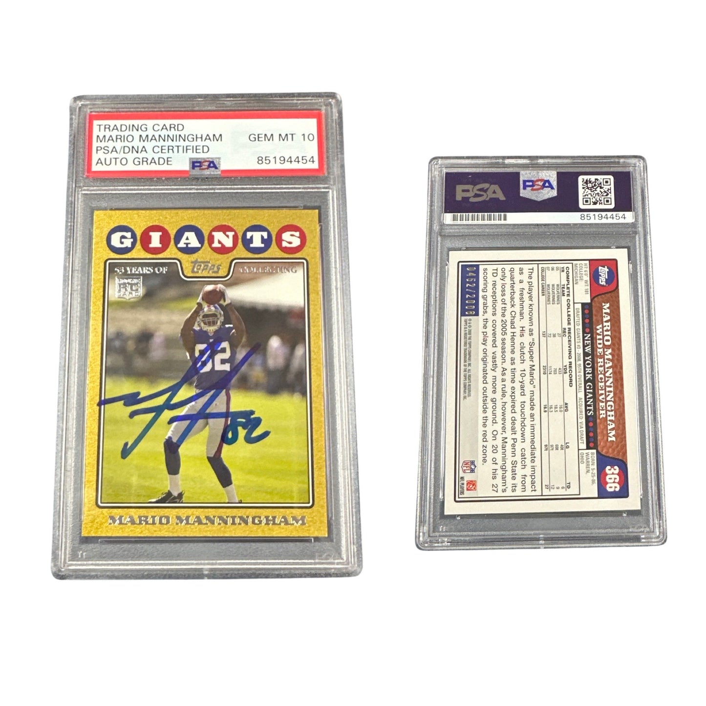 2008 Mario Manningham Autographed Topps Rookie Card NFL Kickoff Gold /2008 #366 PSA Auto GEM MT 10