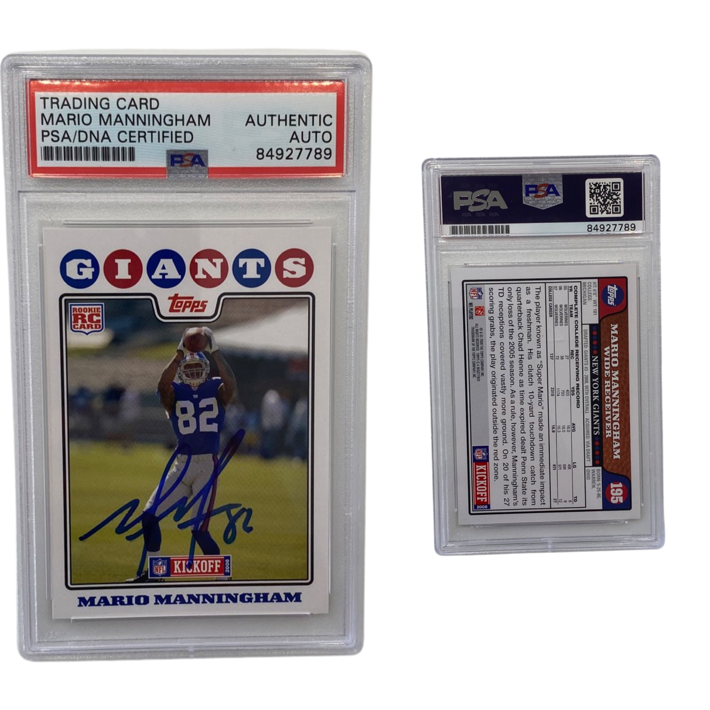 2008 Mario Manningham Topps Rookie Card NFL Kickoff #195 Autographed PSA Auto Authentic
