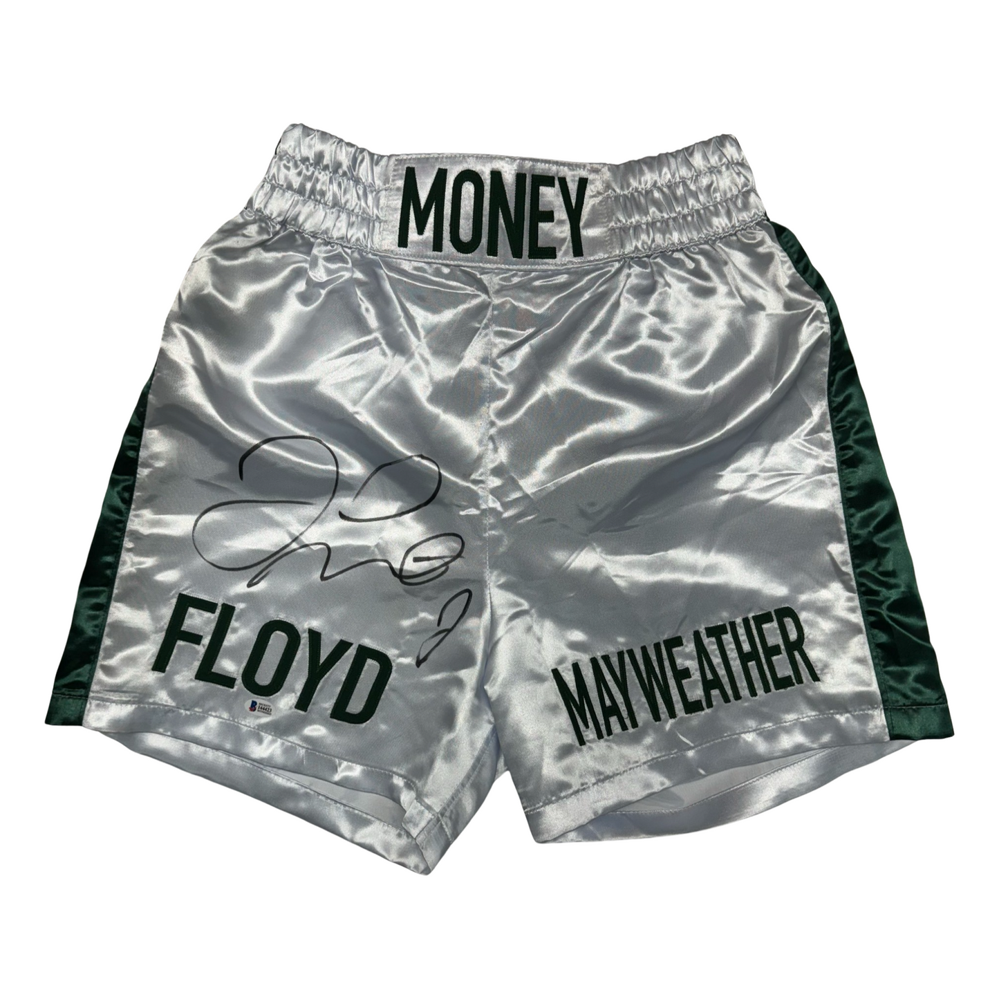 Floyd Mayweather Autographed “Money” Mayweather White/Green Boxing Trunks Beckett
