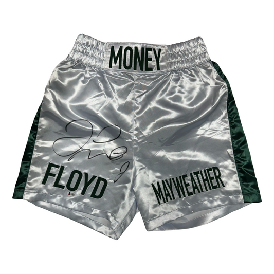 Floyd Mayweather Autographed Money Mayweather White/Green Boxing Trunks Beckett - Unframed