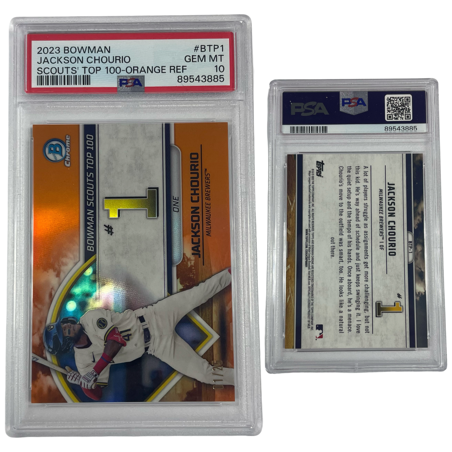 2023 Jackson Chourio Bowman Chrome Scouts Top 100 Orange Refractor /25 #BTP1 PSA GEM MT 10